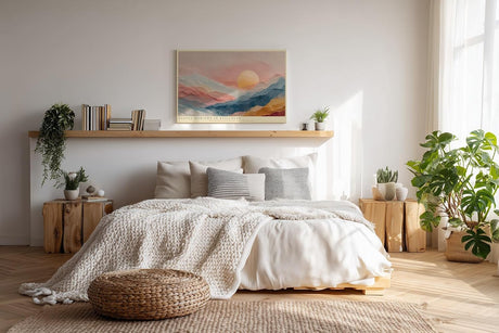 Paul Sinus Wandbild 120x80cm Pastel Horizon in Stillness moderne Landschaft mit Pastellbergen und Sonne Poster für Wohnzimmer Schlafzimmer Büro