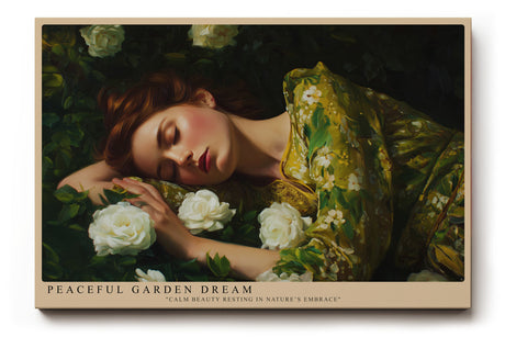 Paul Sinus Wandbild Peaceful Garden Dream Romantisches Porträt einer schlafenden Frau zwischen weißen Rosen – Sinnbild für Ruhe, Schönheit und Geborgenheit.