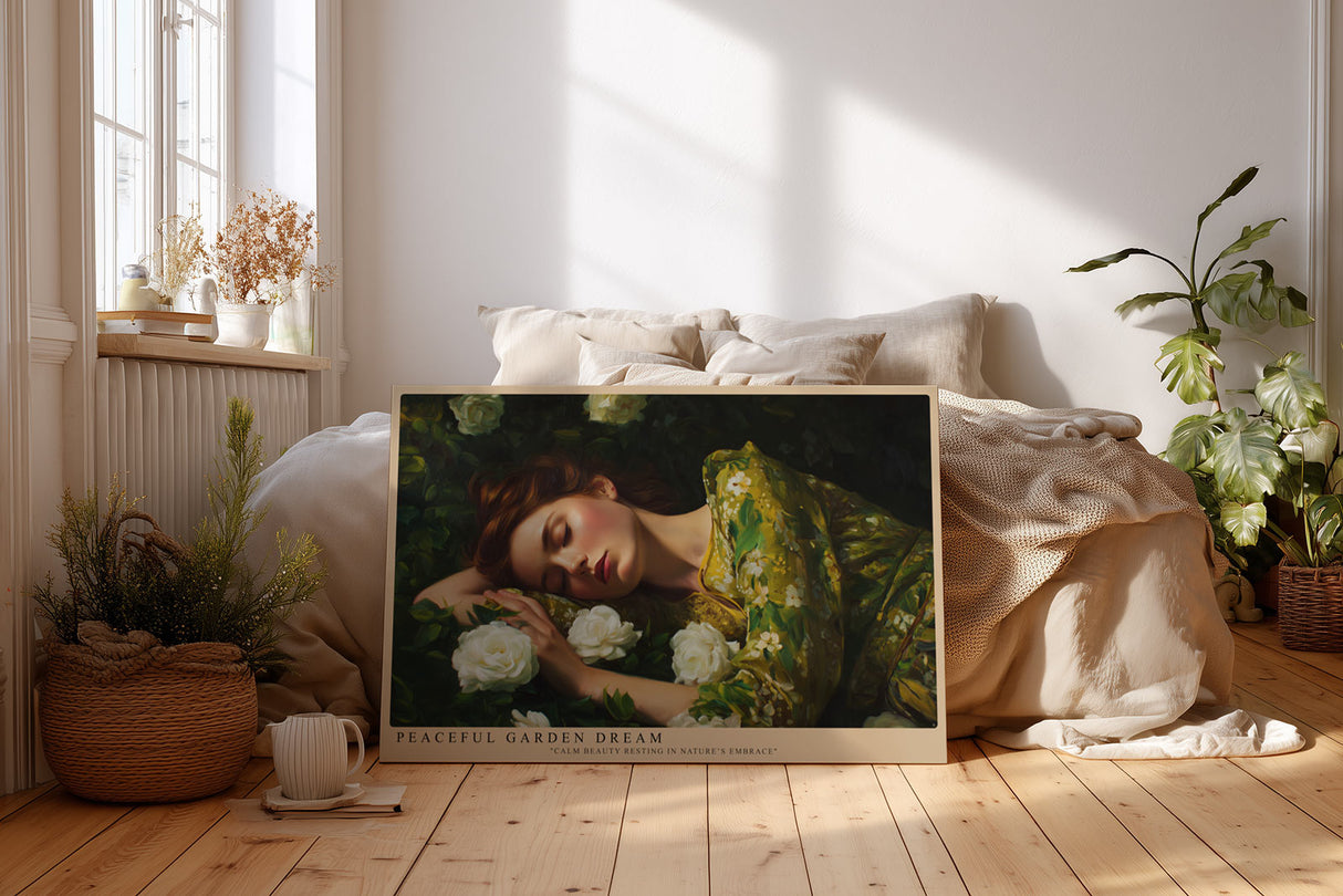 Paul Sinus Wandbild Peaceful Garden Dream Romantisches Porträt einer schlafenden Frau zwischen weißen Rosen – Sinnbild für Ruhe, Schönheit und Geborgenheit.