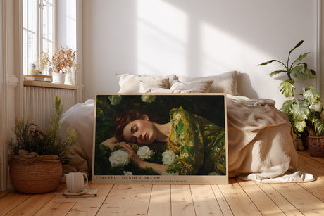 Paul Sinus Wandbild Peaceful Garden Dream Romantisches Porträt einer schlafenden Frau zwischen weißen Rosen – Sinnbild für Ruhe, Schönheit und Geborgenheit.
