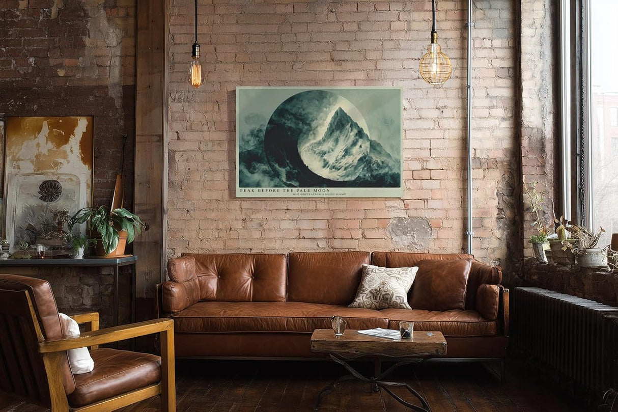 Paul Sinus Wandbild 120x80cm Peak Before the Pale Moon mystische Berglandschaft mit Mond Nebel moderne Natur Kunst Poster für Wohnzimmer Schlafzimmer