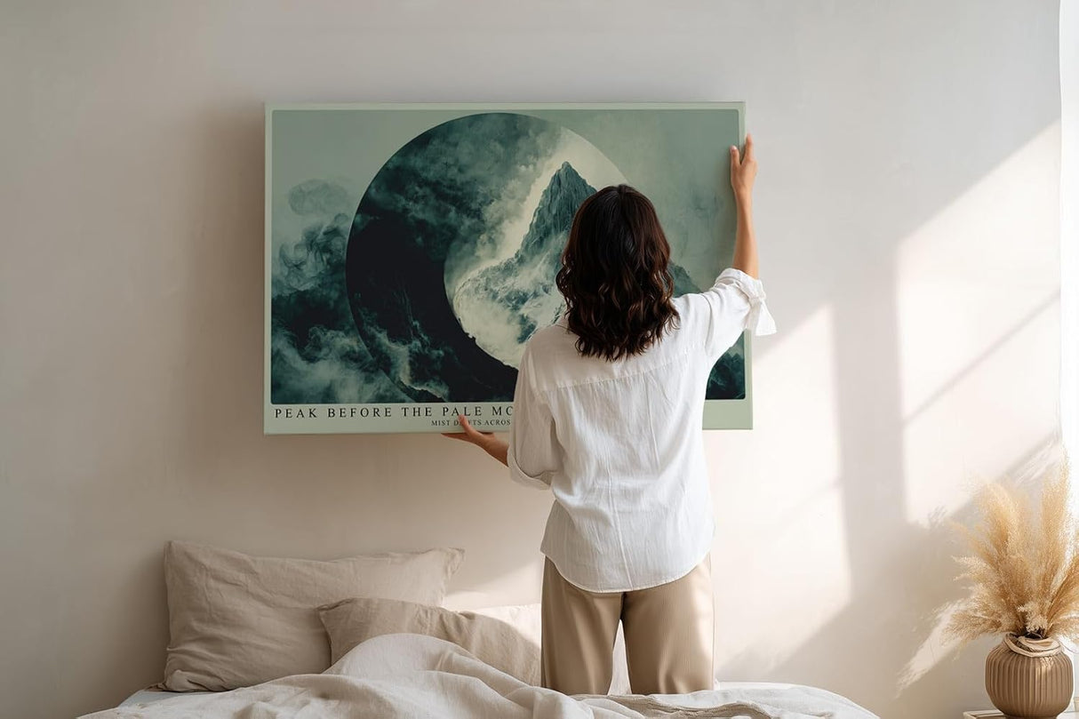 Paul Sinus Wandbild 120x80cm Peak Before the Pale Moon mystische Berglandschaft mit Mond Nebel moderne Natur Kunst Poster für Wohnzimmer Schlafzimmer