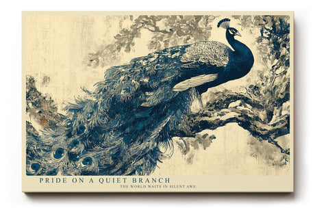 Paul Sinus Wandbild 120x80cm Pfau auf Ast Klassische Vogelkunst in Blau und Naturtoenen fuer Wohnzimmer Schlafzimmer und elegante Wohnräume