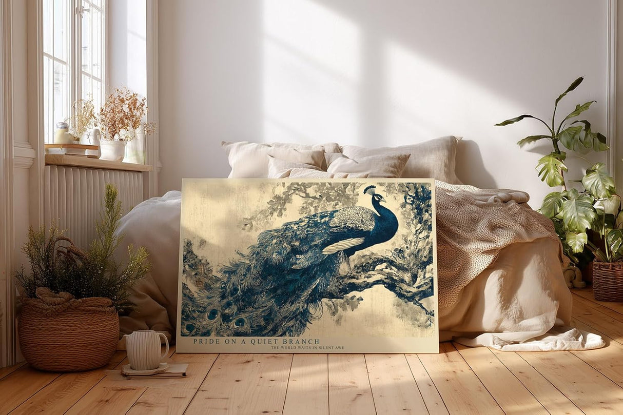 Paul Sinus Wandbild 120x80cm Pfau auf Ast Klassische Vogelkunst in Blau und Naturtoenen fuer Wohnzimmer Schlafzimmer und elegante Wohnräume