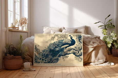 Paul Sinus Wandbild 120x80cm Pfau auf Ast Klassische Vogelkunst in Blau und Naturtoenen fuer Wohnzimmer Schlafzimmer und elegante Wohnräume