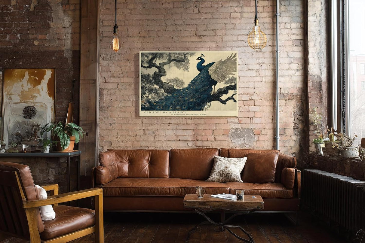Paul Sinus Wandbild 120x80cm Pfau auf Baumzweig Elegante Vogelkunst in Blau Gold Asiatische Natur Wanddekoration
