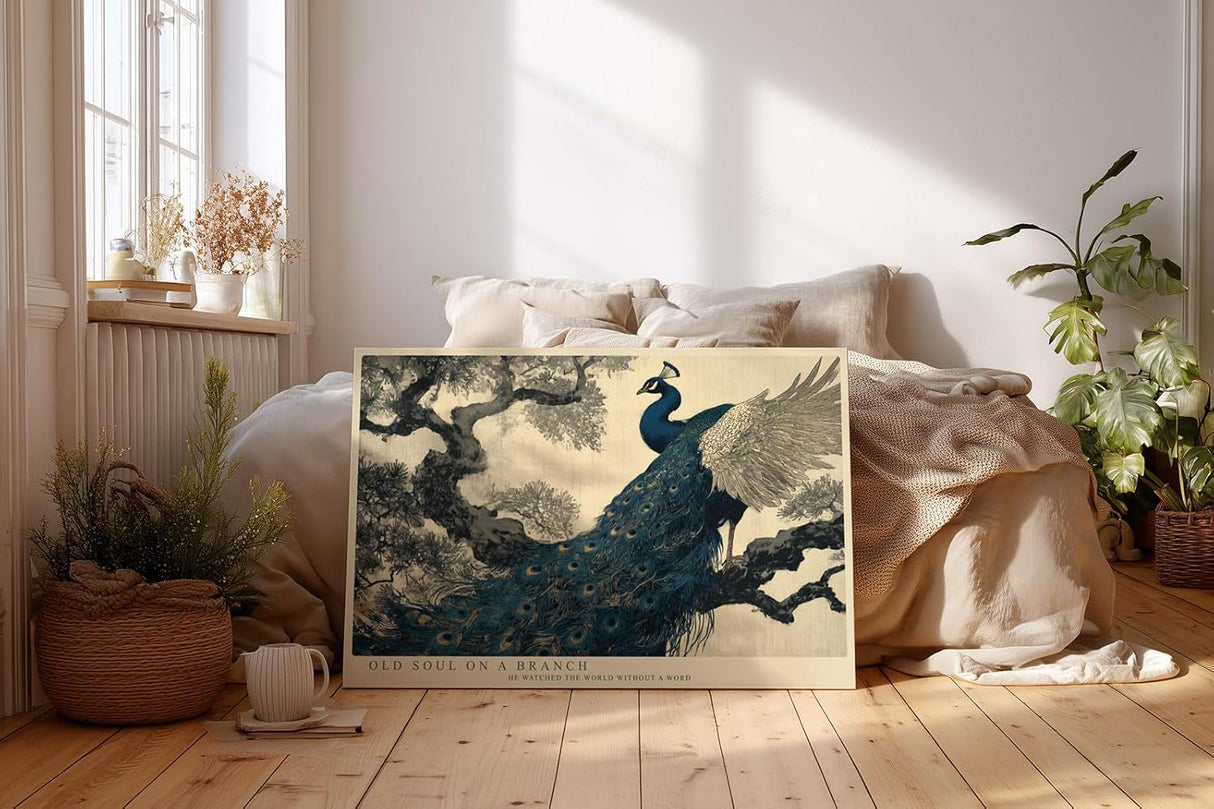 Paul Sinus Wandbild 120x80cm Pfau auf Baumzweig Elegante Vogelkunst in Blau Gold Asiatische Natur Wanddekoration