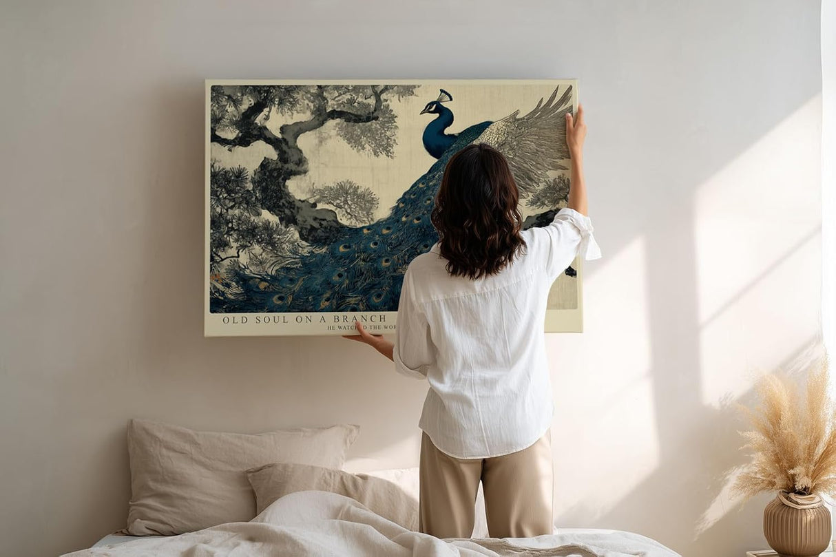 Paul Sinus Wandbild 120x80cm Pfau auf Baumzweig Elegante Vogelkunst in Blau Gold Asiatische Natur Wanddekoration