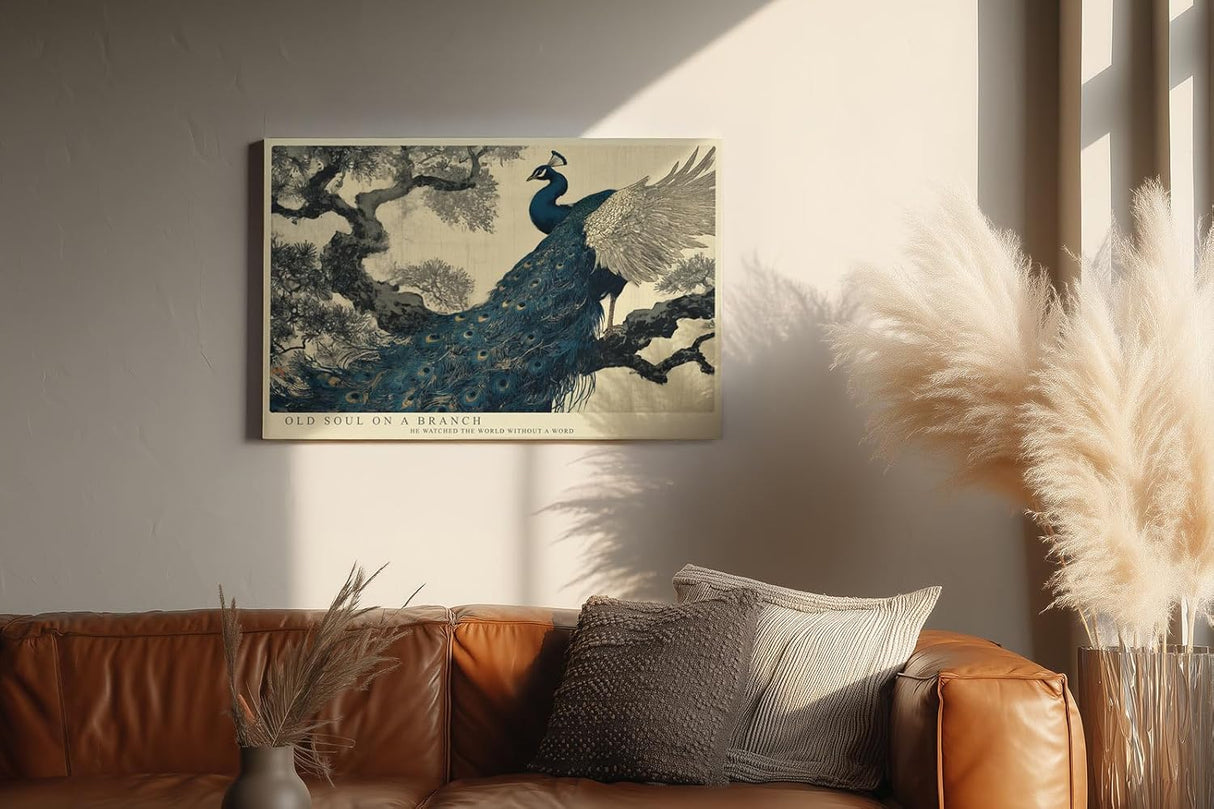 Paul Sinus Wandbild 120x80cm Pfau auf Baumzweig Elegante Vogelkunst in Blau Gold Asiatische Natur Wanddekoration