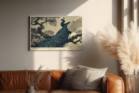 Paul Sinus Wandbild 120x80cm Pfau auf Baumzweig Elegante Vogelkunst in Blau Gold Asiatische Natur Wanddekoration