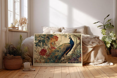 Paul Sinus Wandbild 120x80cm Pfau im ruhigen Garten – Elegantes Vogelmotiv mit Pfau und Blumen im Vintage Stil für stilvolle Wohnräume