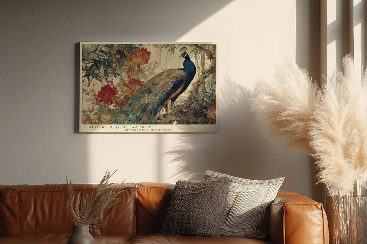 Paul Sinus Wandbild 120x80cm Pfau im ruhigen Garten – Elegantes Vogelmotiv mit Pfau und Blumen im Vintage Stil für stilvolle Wohnräume