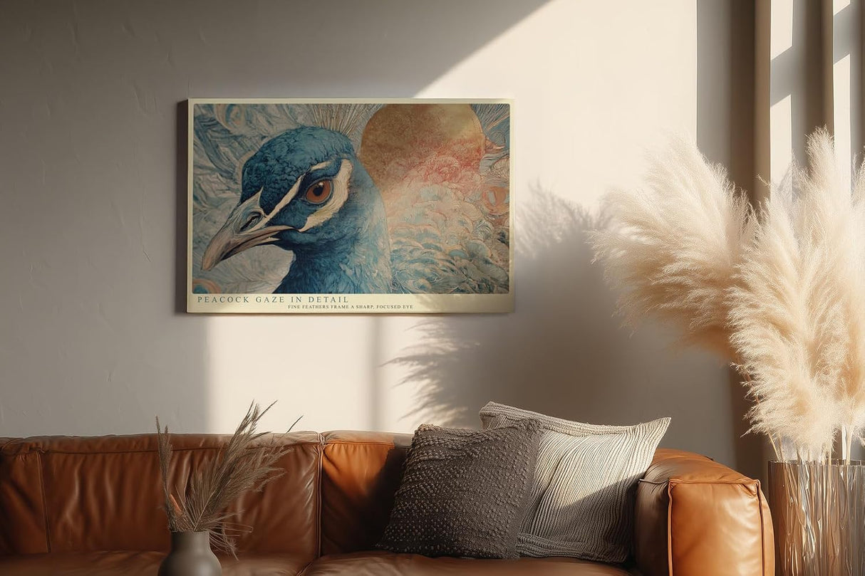 Paul Sinus Wandbild 120x80cm Pfau Portrait Tier Kunstmotiv Elegante Vogel Illustration mit detailreichen Federn und edler Farbgestaltung