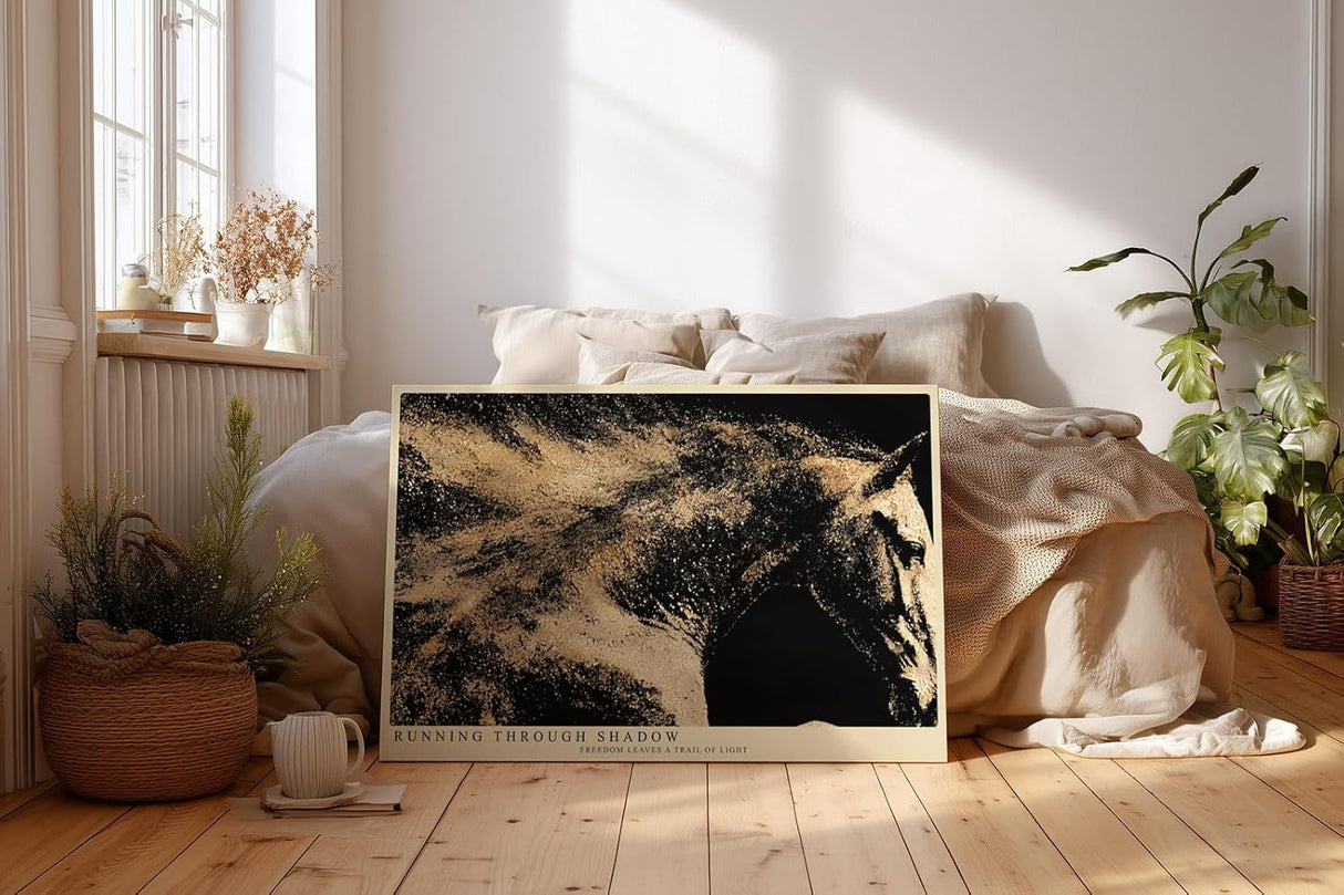 Paul Sinus Wandbild 120x80cm Pferd aus goldenen Partikeln abstrakte Tierkunst dynamische Bewegung modernes Kunstbild stilvolle Wanddekoration fuer Wohnzimmer Büro