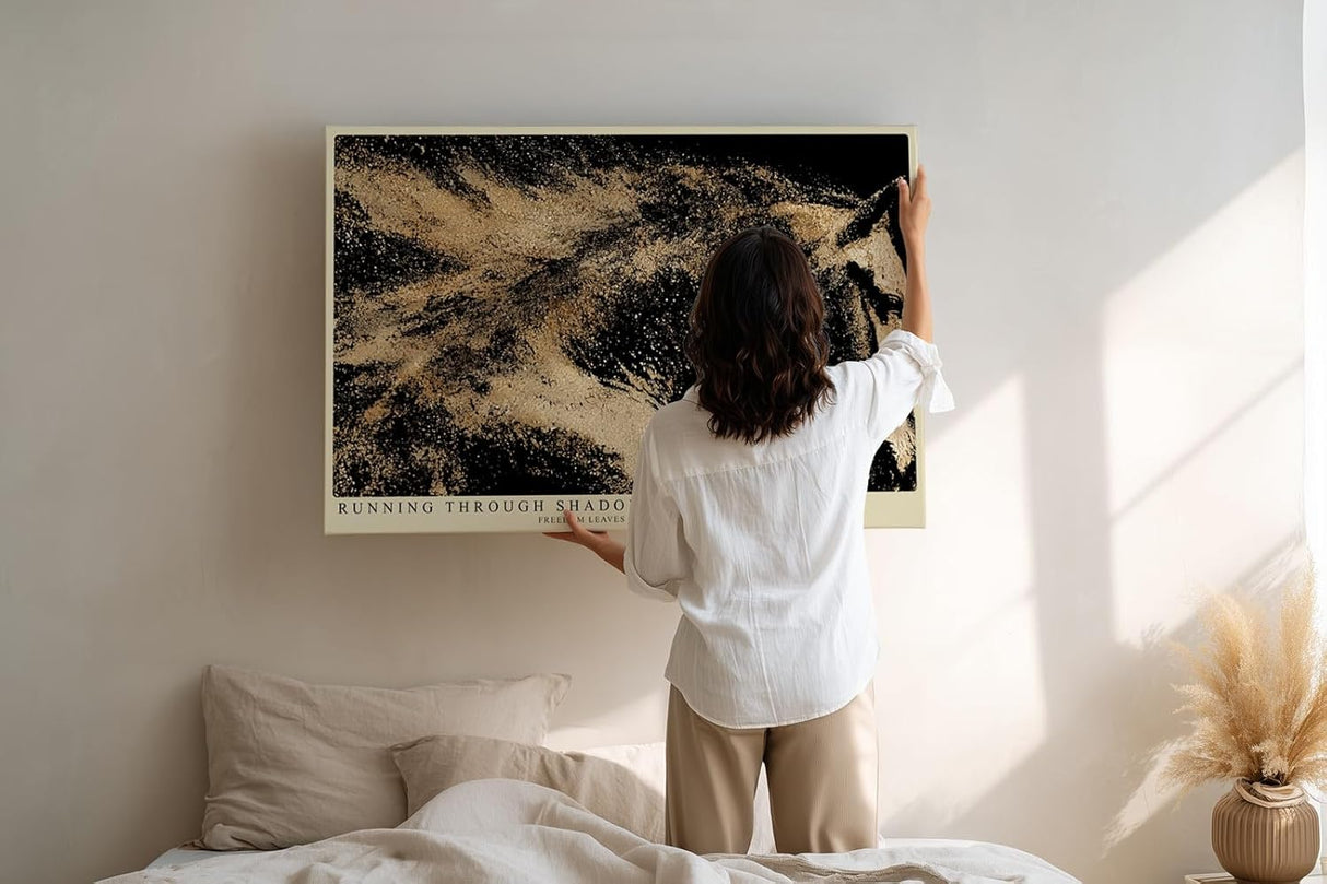 Paul Sinus Wandbild 120x80cm Pferd aus goldenen Partikeln abstrakte Tierkunst dynamische Bewegung modernes Kunstbild stilvolle Wanddekoration fuer Wohnzimmer Büro