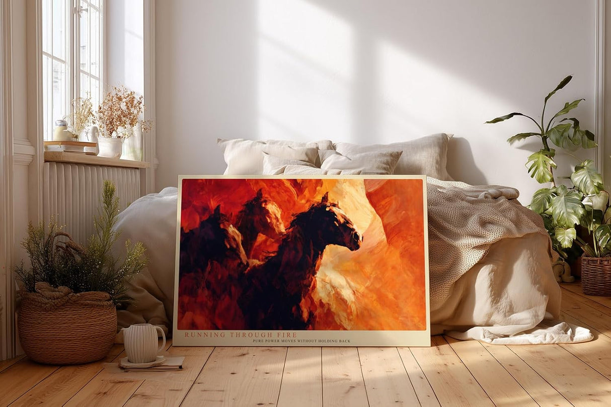 Paul Sinus Wandbild 120x80cm Pferde im Galopp abstrakte Tiermalerei feurige Rot Orange Farben dynamisches Pferde Kunstbild moderne Wanddekoration fuer Wohnzimmer Büro