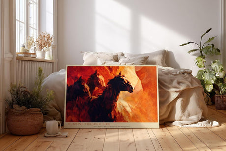 Paul Sinus Wandbild 120x80cm Pferde im Galopp abstrakte Tiermalerei feurige Rot Orange Farben dynamisches Pferde Kunstbild moderne Wanddekoration fuer Wohnzimmer Büro