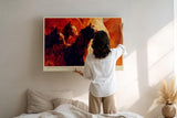 Paul Sinus Wandbild 120x80cm Pferde im Galopp abstrakte Tiermalerei feurige Rot Orange Farben dynamisches Pferde Kunstbild moderne Wanddekoration fuer Wohnzimmer Büro