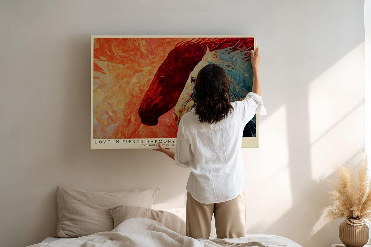 Paul Sinus Wandbild 120x80cm Pferde Paar abstrakte Tierkunst rot blau modernes Pferdemotiv Kunstdruck grosses Wandbild 120x80cm emotionale Wanddekoration fuer Wohnzimmer Büro