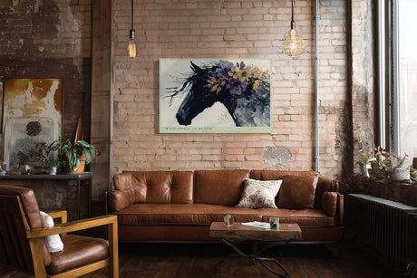 Paul Sinus Wandbild 120x80cm Pferdeportrait mit Blumen Abstrakte Tierkunst in Schwarz Violett und Gold