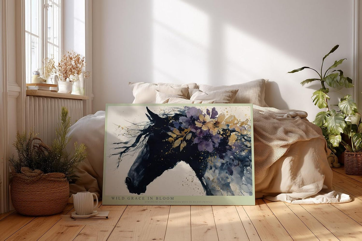 Paul Sinus Wandbild 120x80cm Pferdeportrait mit Blumen Abstrakte Tierkunst in Schwarz Violett und Gold