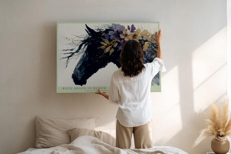 Paul Sinus Wandbild 120x80cm Pferdeportrait mit Blumen Abstrakte Tierkunst in Schwarz Violett und Gold