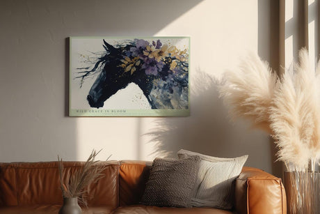 Paul Sinus Wandbild 120x80cm Pferdeportrait mit Blumen Abstrakte Tierkunst in Schwarz Violett und Gold
