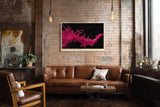 Paul Sinus Wandbild 120x80cm pinke Farbspritzer abstrakte Fotokunst dynamische Flüssigkeit moderne Kunst pink schwarz großes Kunstbild moderne Wanddekoration für Wohnzimmer Büro Atelier