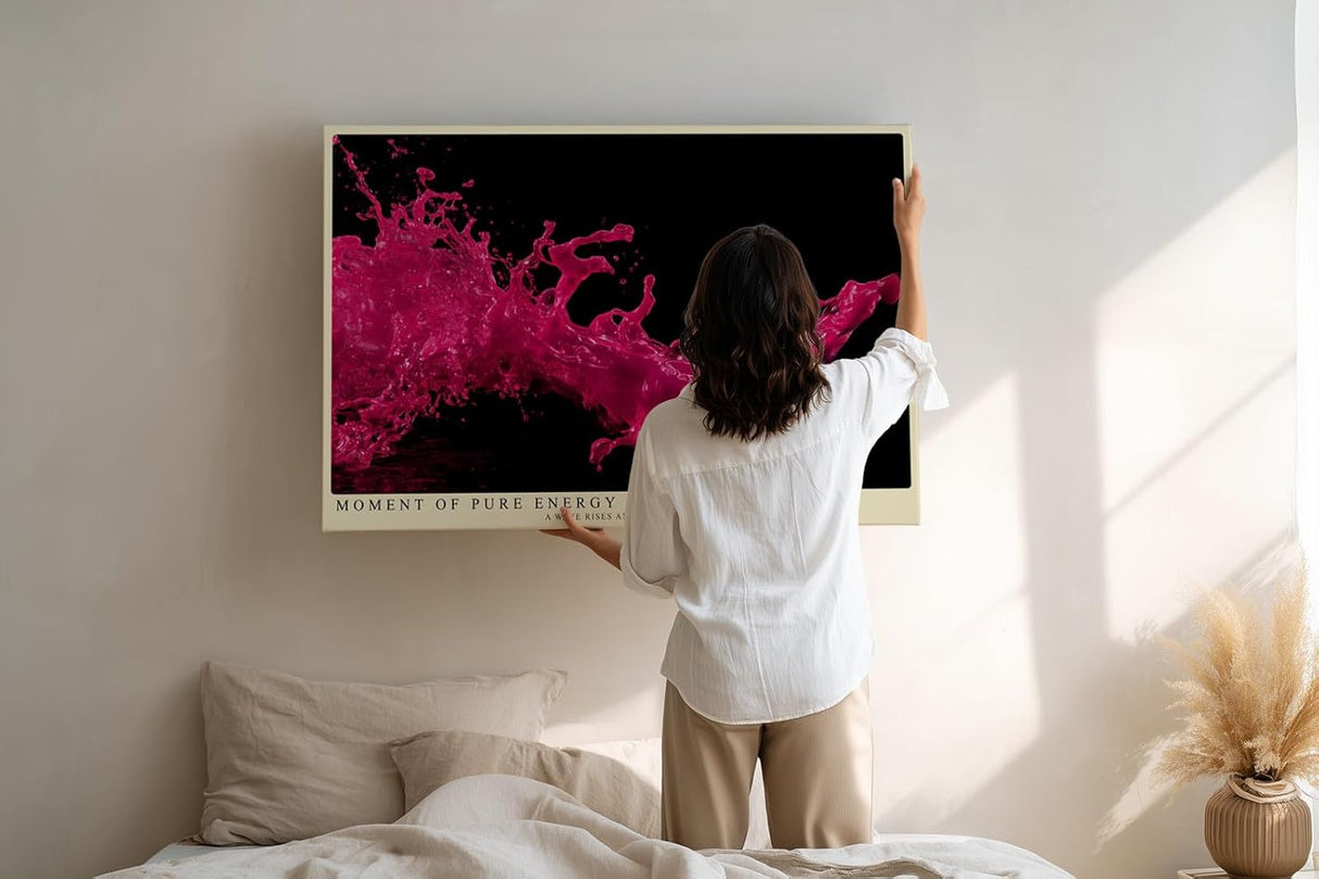 Paul Sinus Wandbild 120x80cm pinke Farbspritzer abstrakte Fotokunst dynamische Flüssigkeit moderne Kunst pink schwarz großes Kunstbild moderne Wanddekoration für Wohnzimmer Büro Atelier