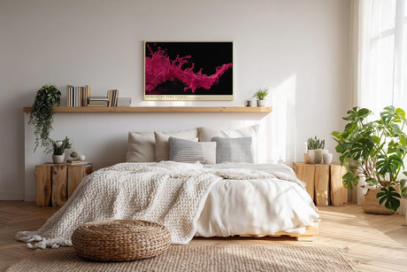 Paul Sinus Wandbild 120x80cm pinke Farbspritzer abstrakte Fotokunst dynamische Flüssigkeit moderne Kunst pink schwarz großes Kunstbild moderne Wanddekoration für Wohnzimmer Büro Atelier