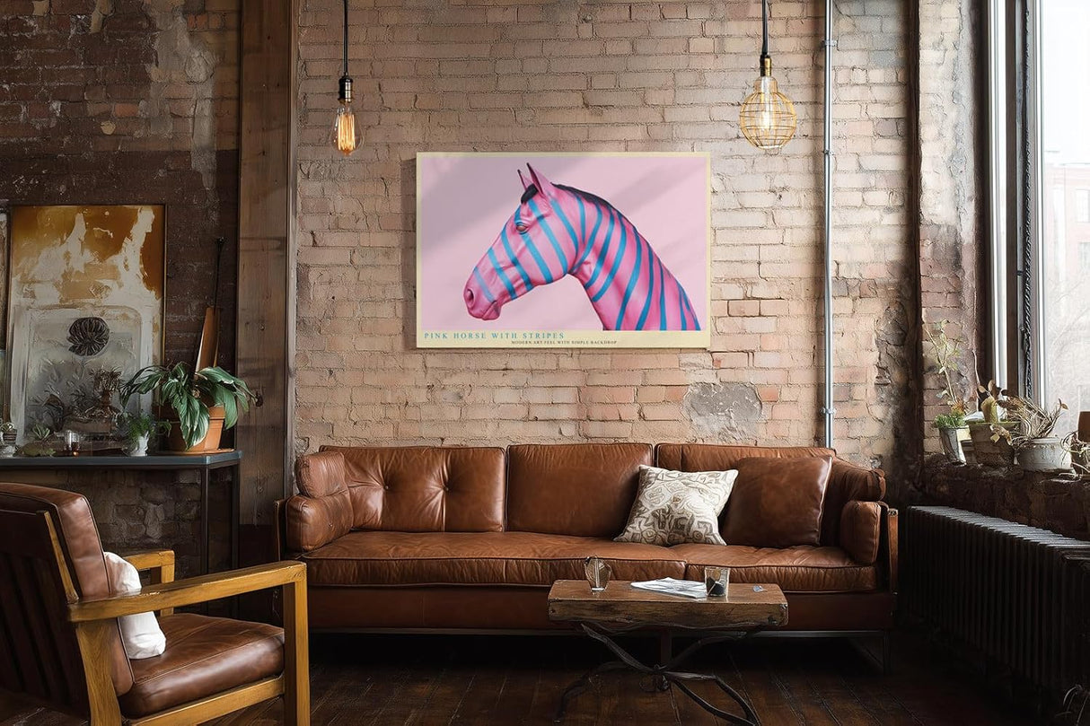 Paul Sinus Wandbild 120x80cm pinkes Pferd moderne Pop Art Tierkunst bunte Streifen Kunstdruck auffaellige Wanddekoration fuer Wohnzimmer Büro Atelier