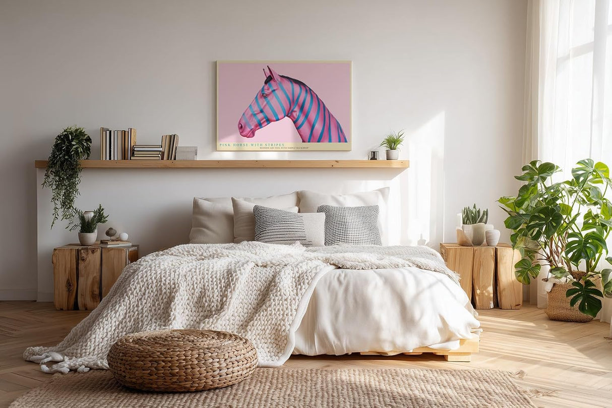Paul Sinus Wandbild 120x80cm pinkes Pferd moderne Pop Art Tierkunst bunte Streifen Kunstdruck auffaellige Wanddekoration fuer Wohnzimmer Büro Atelier