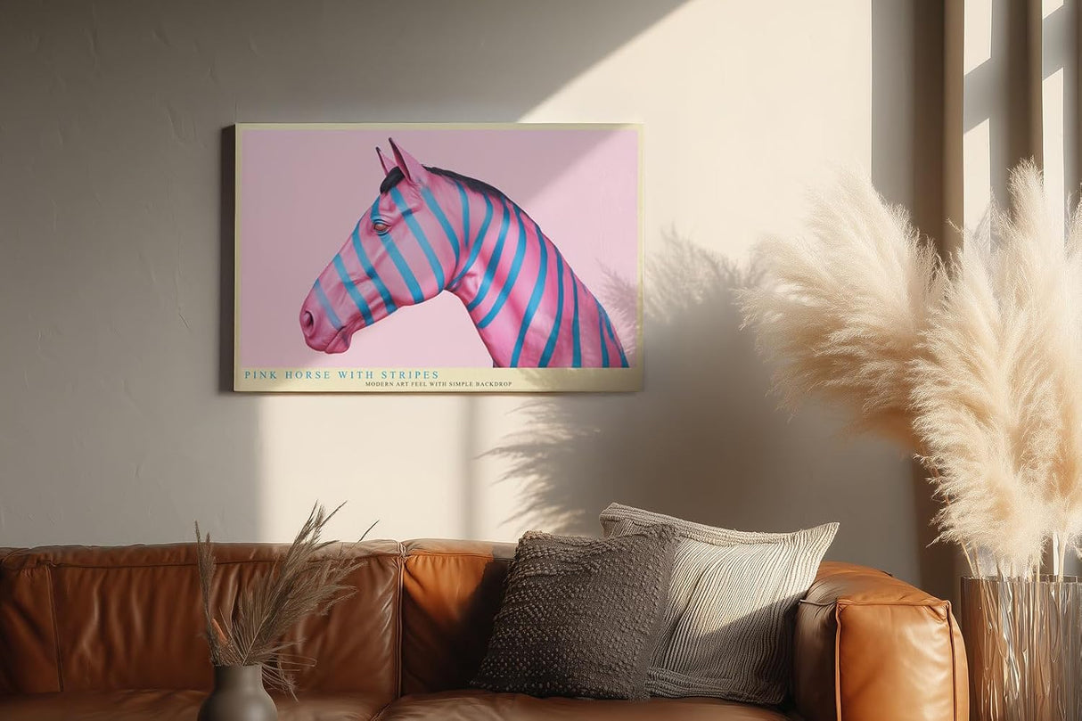 Paul Sinus Wandbild 120x80cm pinkes Pferd moderne Pop Art Tierkunst bunte Streifen Kunstdruck auffaellige Wanddekoration fuer Wohnzimmer Büro Atelier