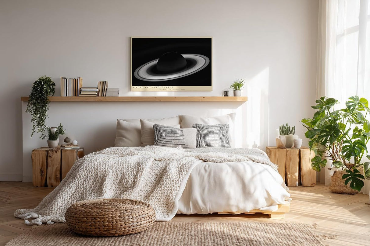 Paul Sinus Wandbild 120x80cm Planet Mit Ringen Kosmos Minimalistische Weltraum Kunst Schwarz Weiss Illustration Kunstdruck Poster Grosse Wanddekoration fuer Wohnzimmer Büro