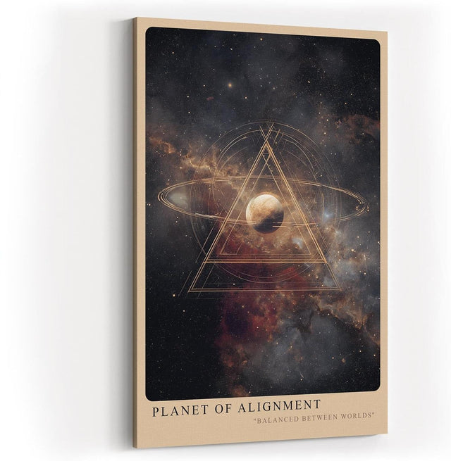 Paul Sinus Wandbild in 40x60cm Planet of Alignment – Künstlerische Darstellung eines Planeten mit goldenem Dreieck inmitten farbenprächtiger Galaxienlandschaft