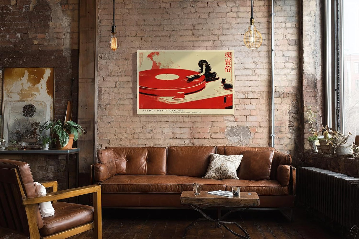 Paul Sinus Wandbild 120x80cm Plattenspieler Vinyl Musik Retro Illustration rot weiss modernes Musik Kunstbild DJ Wanddekoration fuer Wohnzimmer Studio Musikzimmer