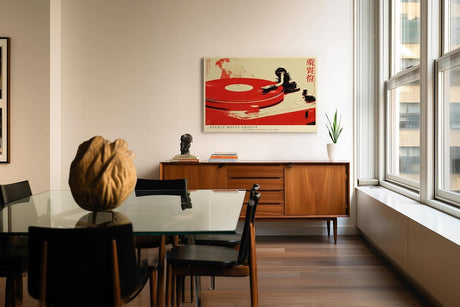 Paul Sinus Wandbild 120x80cm Plattenspieler Vinyl Musik Retro Illustration rot weiss modernes Musik Kunstbild DJ Wanddekoration fuer Wohnzimmer Studio Musikzimmer