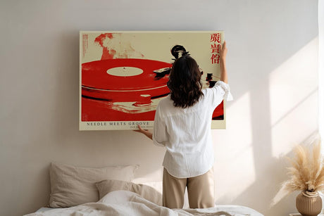 Paul Sinus Wandbild 120x80cm Plattenspieler Vinyl Musik Retro Illustration rot weiss modernes Musik Kunstbild DJ Wanddekoration fuer Wohnzimmer Studio Musikzimmer