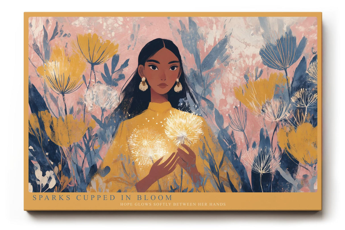 Paul Sinus Wandbild 120x80cm Poetisches Frauenportrait mit Blumen und Licht Moderne Illustration in warmen Naturfarben