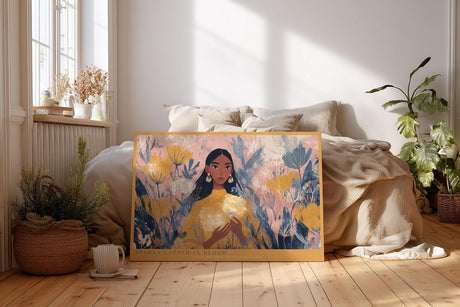 Paul Sinus Wandbild 120x80cm Poetisches Frauenportrait mit Blumen und Licht Moderne Illustration in warmen Naturfarben