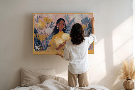 Paul Sinus Wandbild 120x80cm Poetisches Frauenportrait mit Blumen und Licht Moderne Illustration in warmen Naturfarben