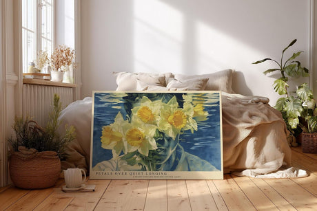 Paul Sinus Wandbild 120x80cm Poetisches Frauenportrait mit Narzissen Surreale Blumenkomposition in Blau und Gelb Modernes Kunstbild