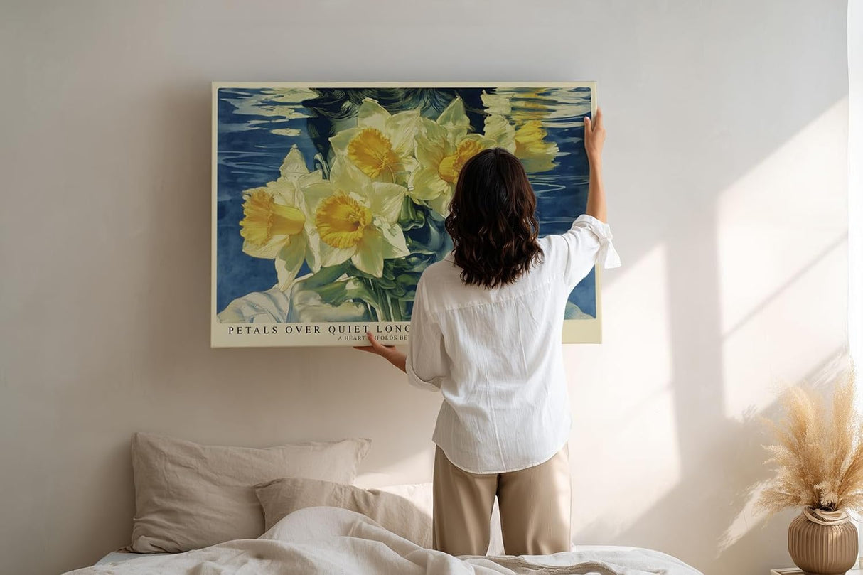 Paul Sinus Wandbild 120x80cm Poetisches Frauenportrait mit Narzissen Surreale Blumenkomposition in Blau und Gelb Modernes Kunstbild