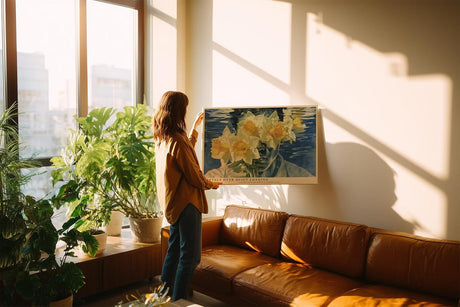 Paul Sinus Wandbild 120x80cm Poetisches Frauenportrait mit Narzissen Surreale Blumenkomposition in Blau und Gelb Modernes Kunstbild