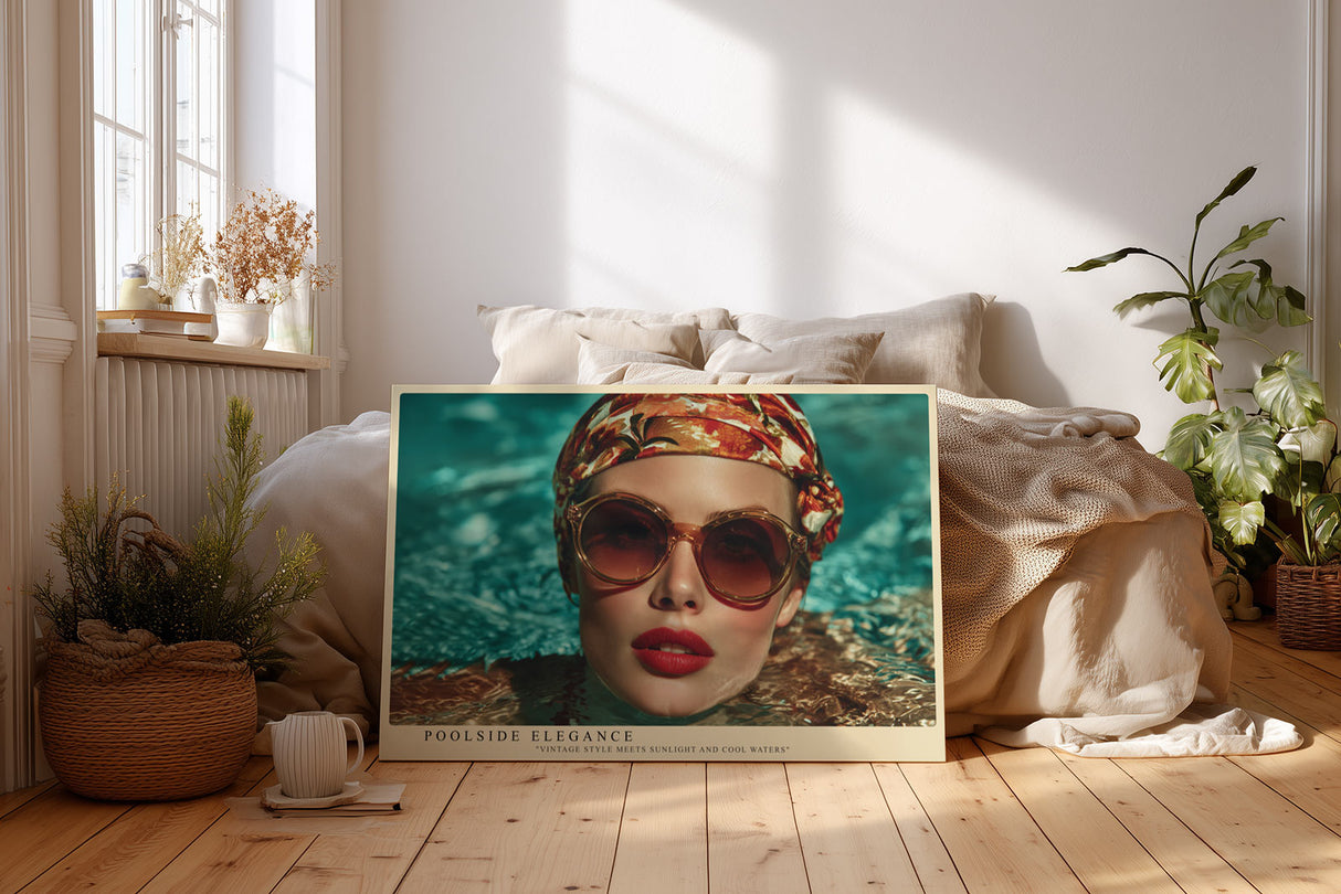 Paul Sinus Wandbild Poolside Elegance Stilvolles Porträt einer Frau mit Sonnenbrille und Kopftuch im Wasser – Sinnbild für Retro-Glamour und Sommerluxus.