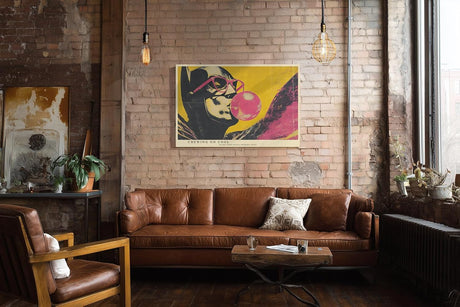 Paul Sinus Wandbild 120x80cm Pop Art Frau Kaugummi retro gelb pink moderne Street Art Illustration Kunstdruck grosses Wandbild 120x80cm trendige Wanddekoration fuer Wohnzimmer Büro