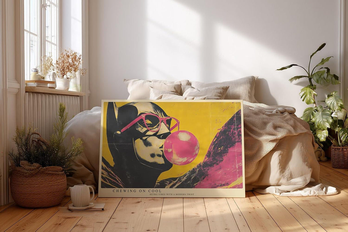 Paul Sinus Wandbild 120x80cm Pop Art Frau Kaugummi retro gelb pink moderne Street Art Illustration Kunstdruck grosses Wandbild 120x80cm trendige Wanddekoration fuer Wohnzimmer Büro