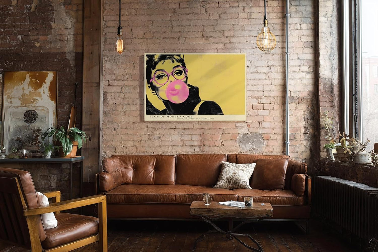 Paul Sinus Wandbild 120x80cm Pop Art Frau mit Brille Kaugummi modern retro Portraet Kunstbild gelb pink Wanddekoration fuer Wohnzimmer Büro