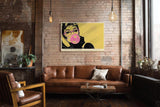Paul Sinus Wandbild 120x80cm Pop Art Frau mit Brille Kaugummi modern retro Portraet Kunstbild gelb pink Wanddekoration fuer Wohnzimmer Büro