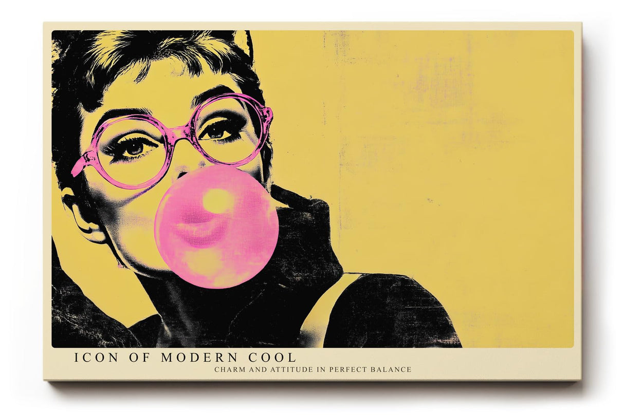 Paul Sinus Wandbild 120x80cm Pop Art Frau mit Brille Kaugummi modern retro Portraet Kunstbild gelb pink Wanddekoration fuer Wohnzimmer Büro